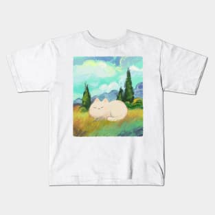 Cat Van Gogh in a Wheat Field with Cypresses Kids T-Shirt